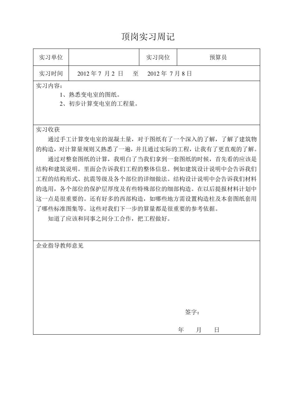 工程造价专业_顶岗实习周记_第2页