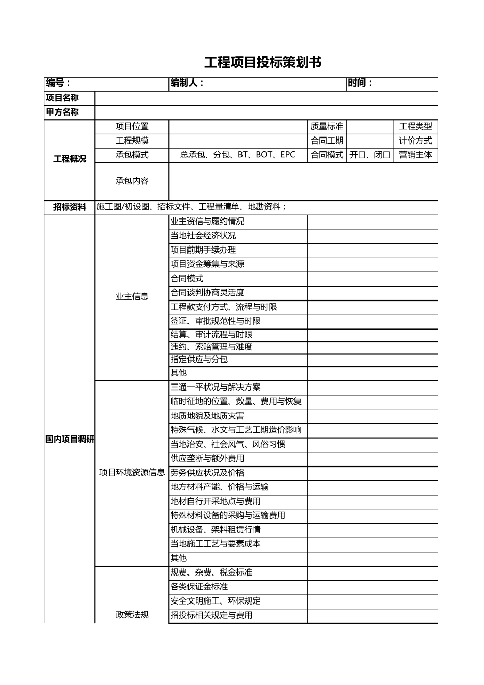 工程项目投标策划书模版_第1页