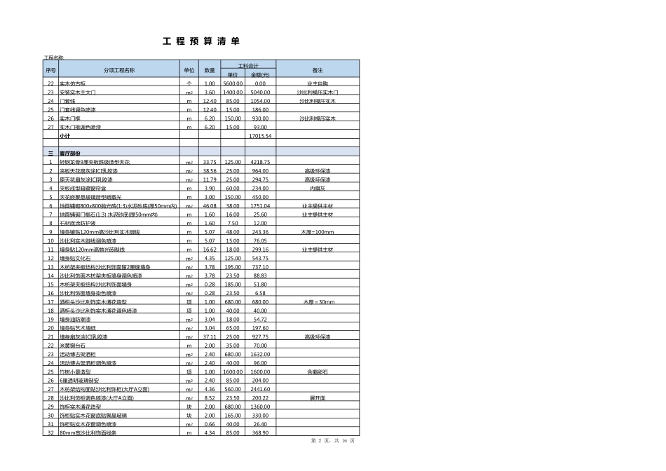 工程预算清单模板_第2页