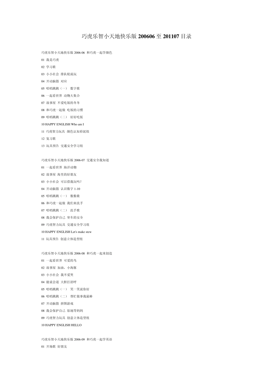 巧虎乐智小天地快乐版200606至201107目录_第1页