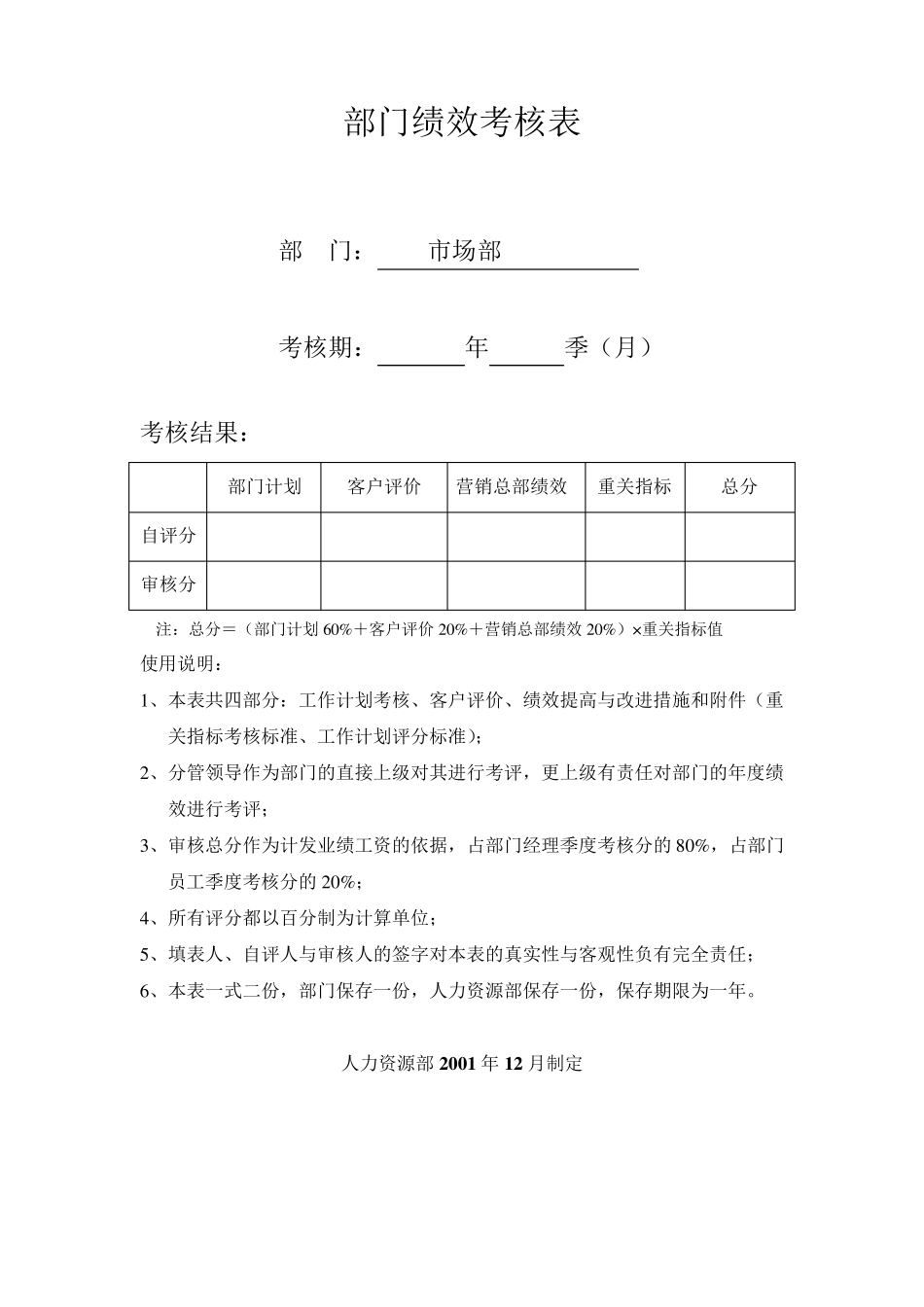 市场部部门绩效考核表_第1页