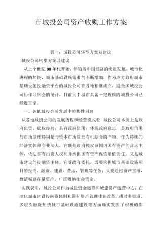市城投公司资产收购工作方案