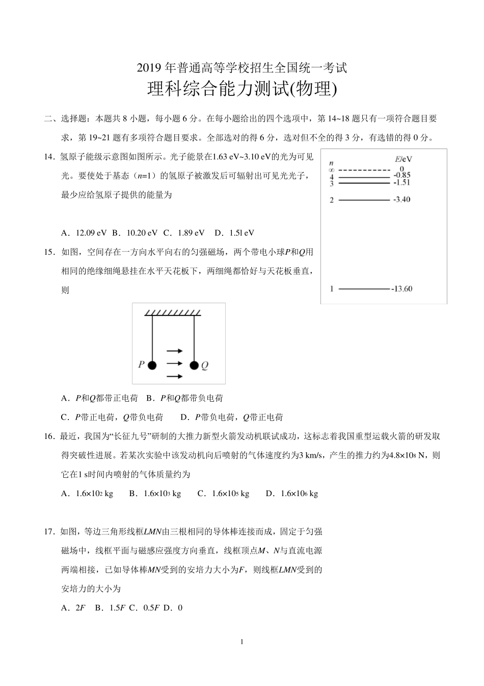 整理版2019年高考全国卷Ⅰ理综物理试题_第1页