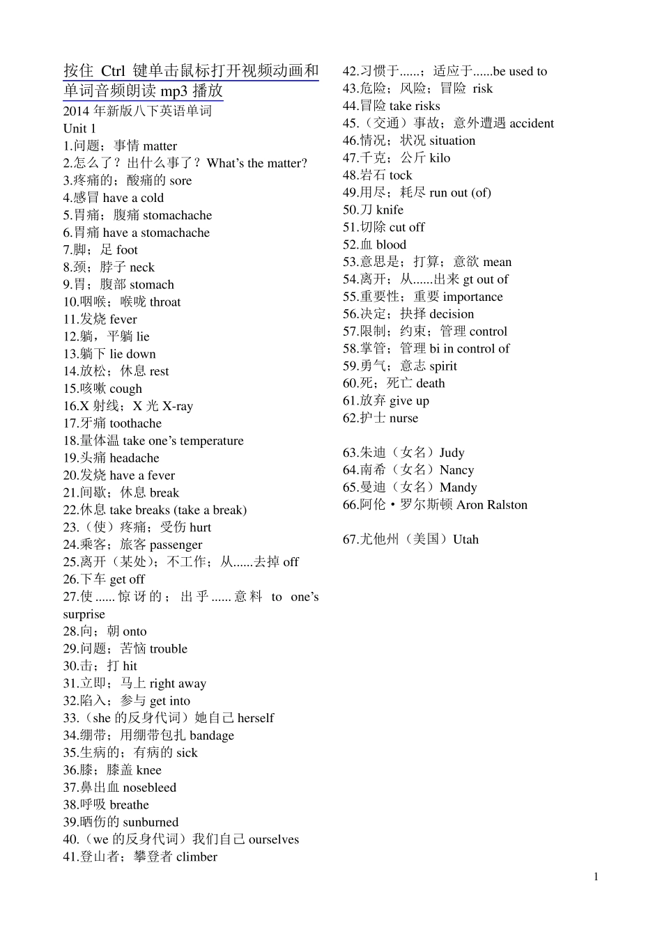 新2014年人教版八年级下册英语单词汇总表(每单元1页)_第1页