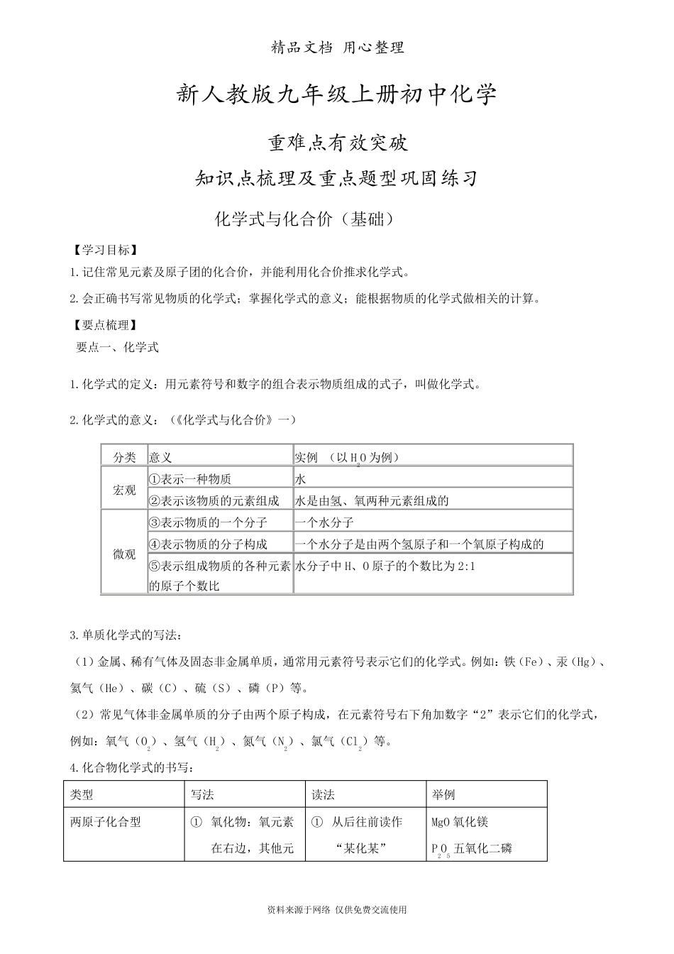 新人教版九年级上册化学[化学式与化合价(基础)知识点整理及重点题型梳理]_第1页