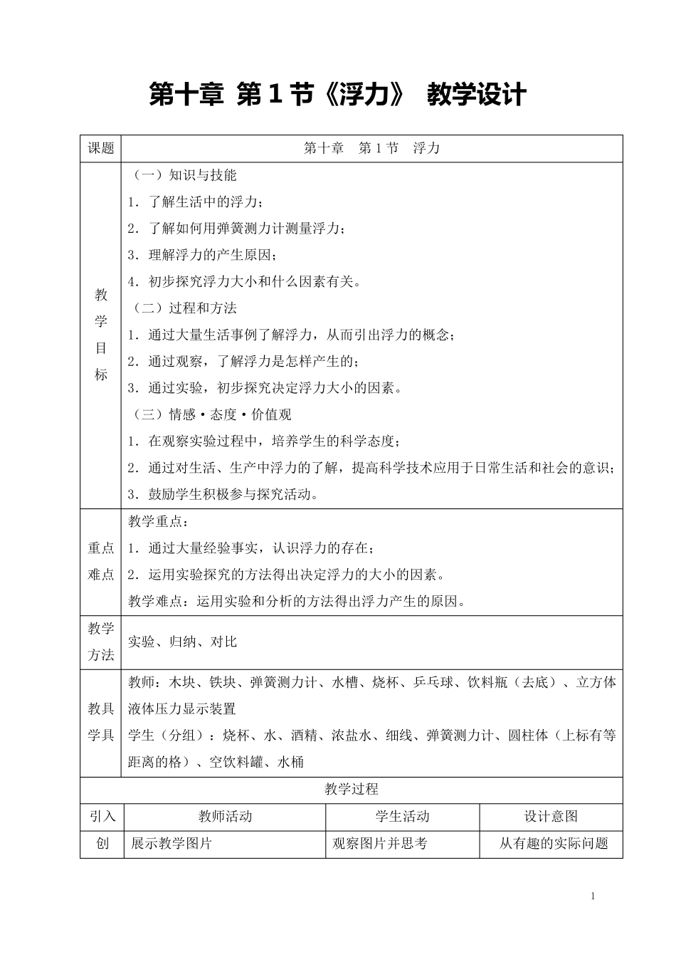 新人教版初中物理10.1《浮力》教学设计_第1页