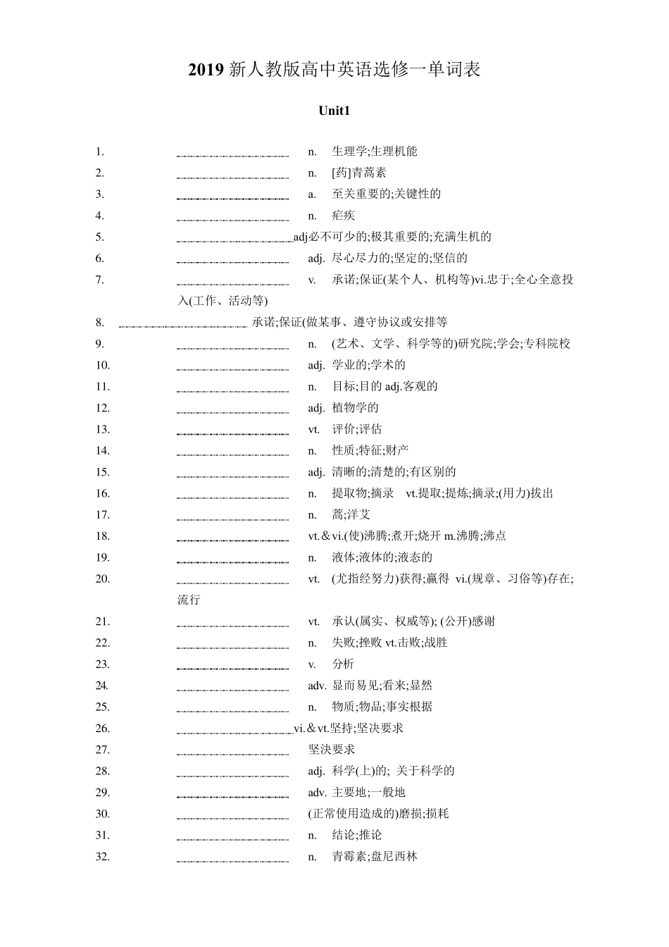 新人教版选择性必修一单词默写复习检测_第1页