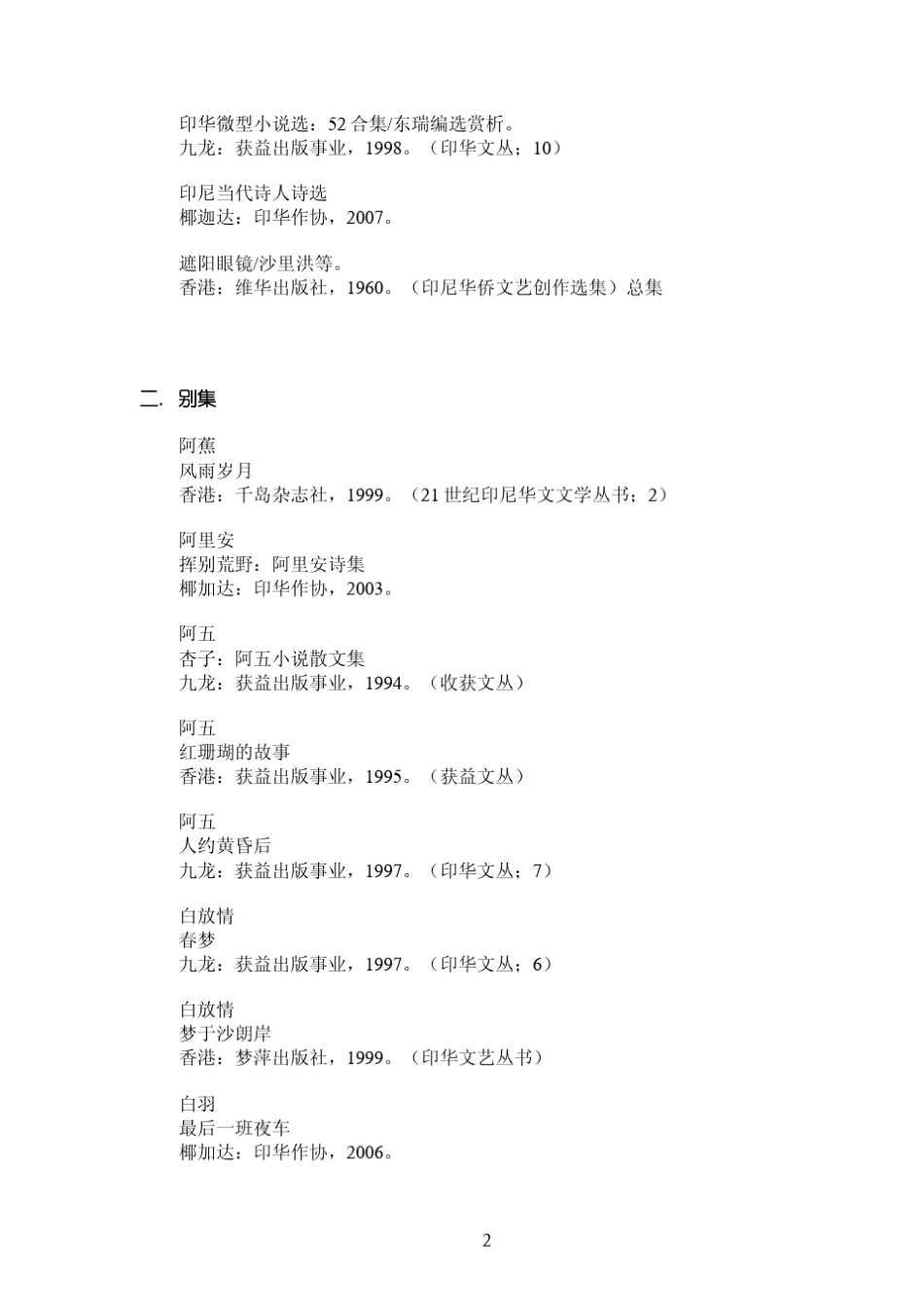 新加坡国立大学中文图书馆馆藏印尼华文文学书目_第2页