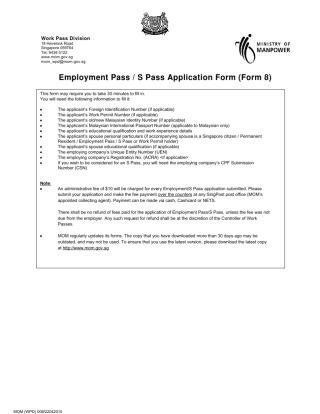 新加坡工作签证(EP,SP)申请表官方表格FORM8