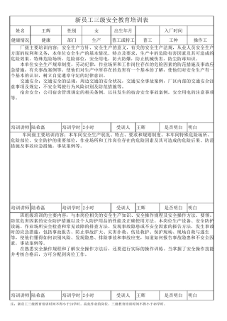 新员工三级安全教育培训表