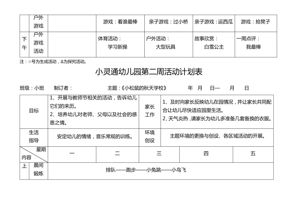 新安幼儿园小班第一周活动计划表_第2页