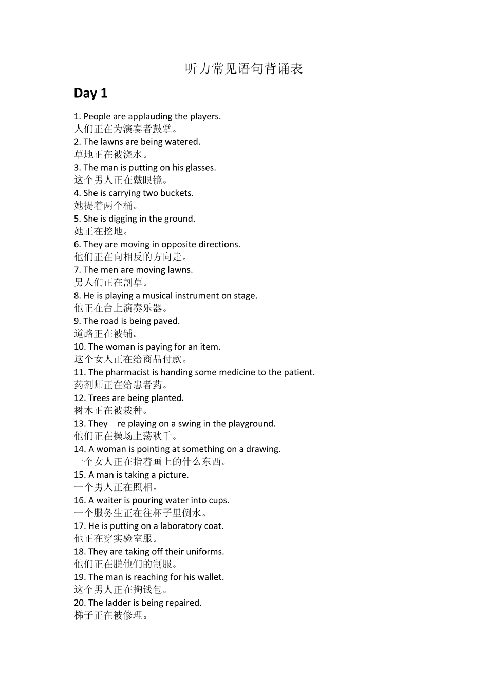 新托业全真题库Part1,2,3,4听力常见语句背诵表(中英对照)_第1页