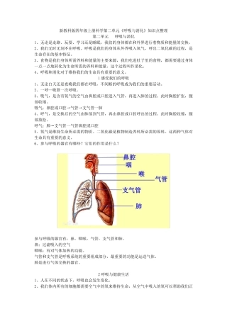 新教科版四年级上册科学第二单元《呼吸与消化》知识点整理
