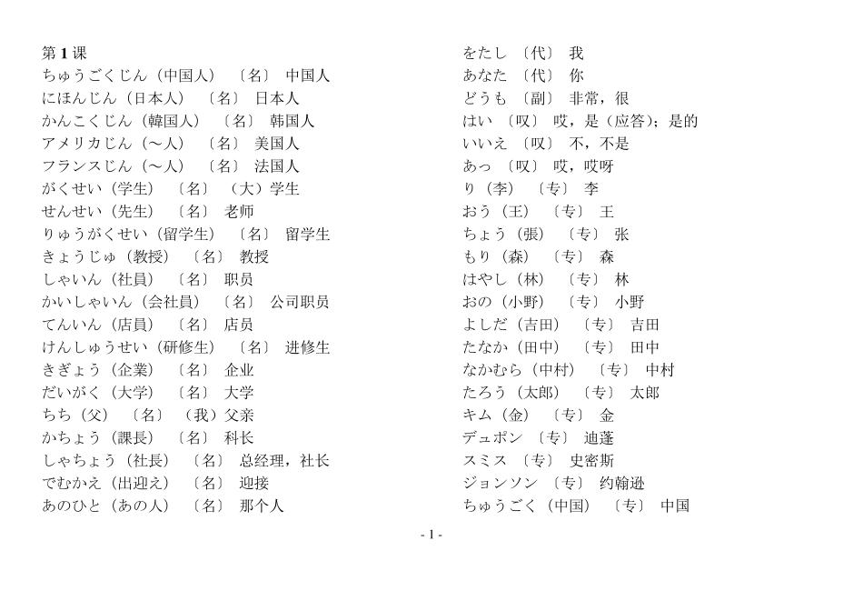 新标准日本语词汇表(初级全册)_第1页