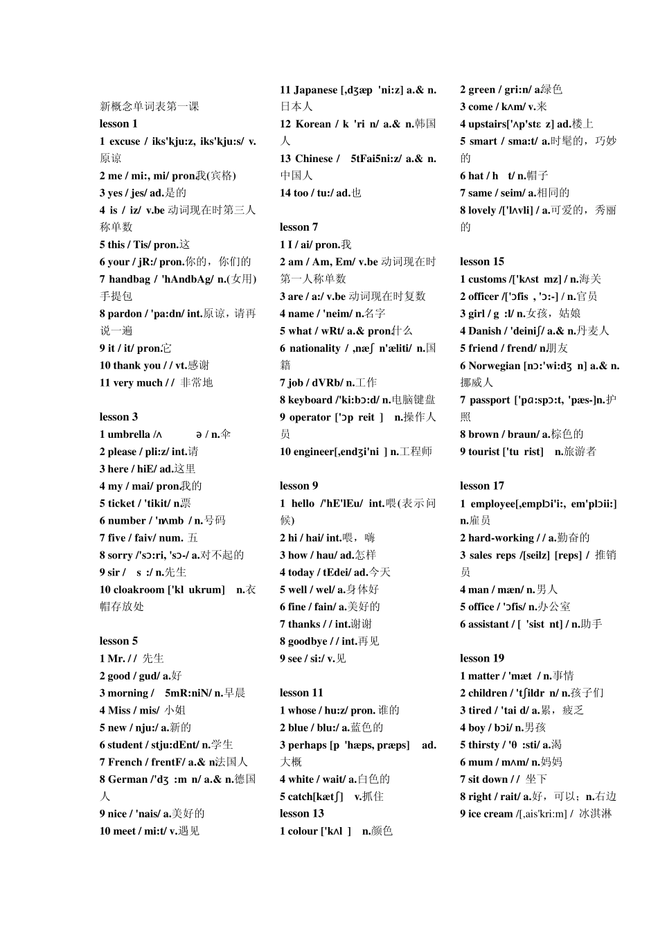 新概念单词表第一课(附音标带翻译)_第1页