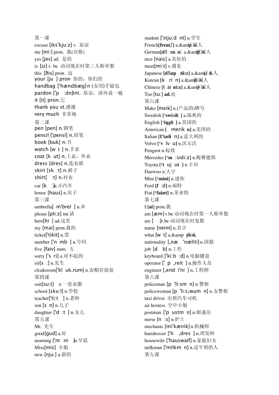 新概念第一册单词按课节最(带音标)_第1页