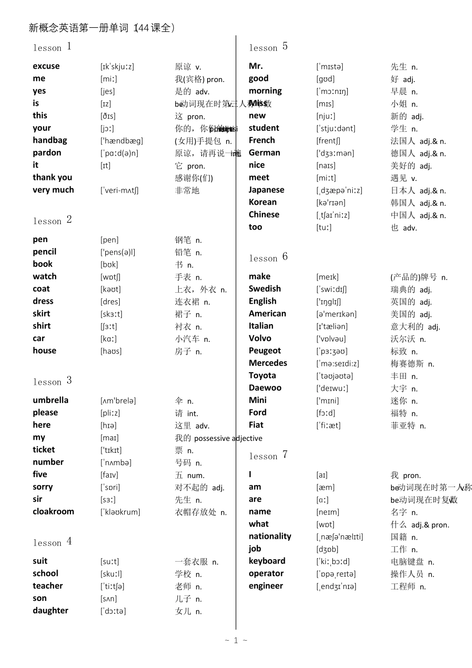 新概念第一册单词表·144课全(精心校对排版)_第1页