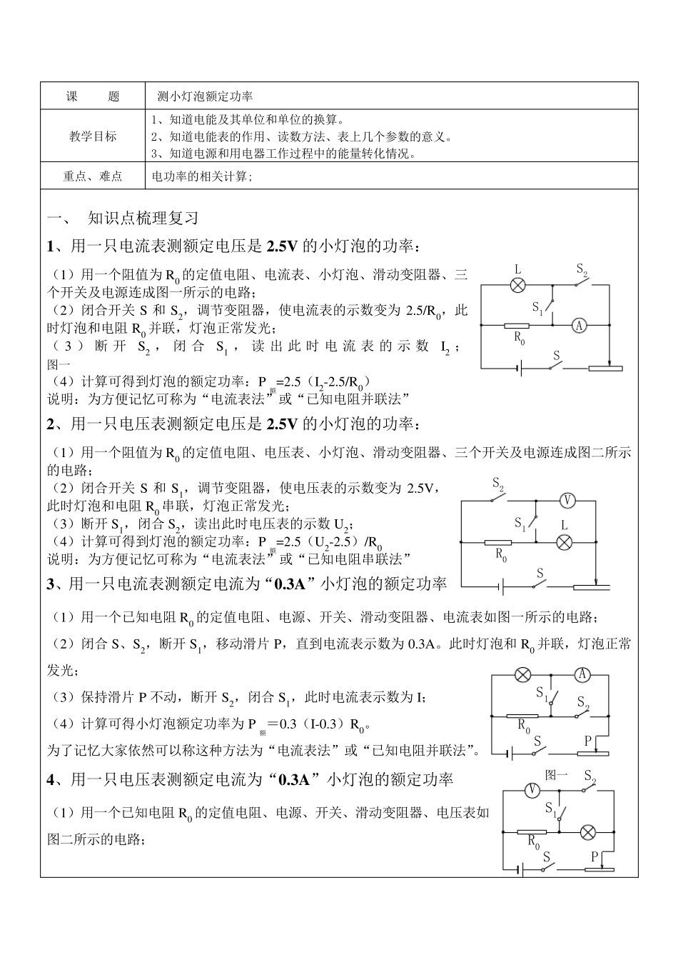 测小灯泡额定功率单电流表或电压表_第1页