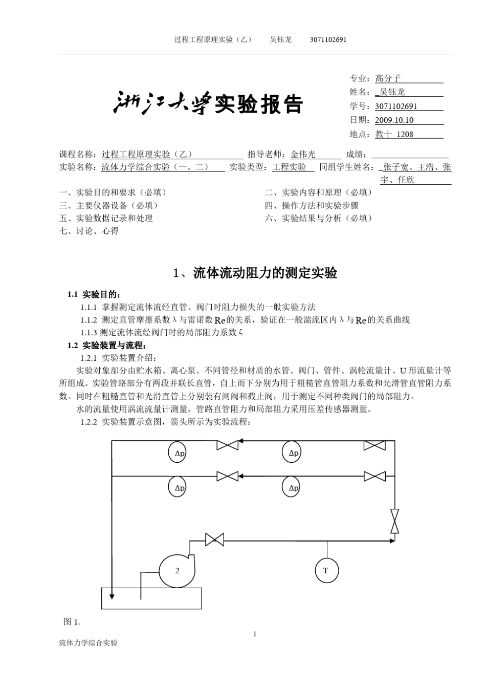 浙江大学化工原理(过程工程与控制乙)实验报告流体力学综合实验_第1页