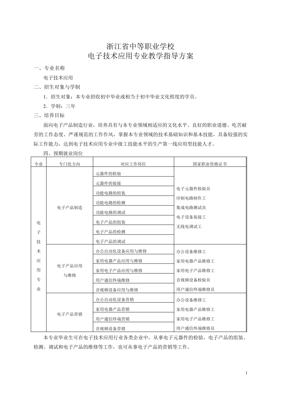 浙江省中等职业学校电子技术应用专业教学指导方案_第1页