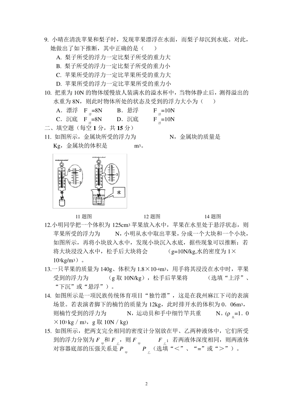 浮力测试卷及答案一_第2页