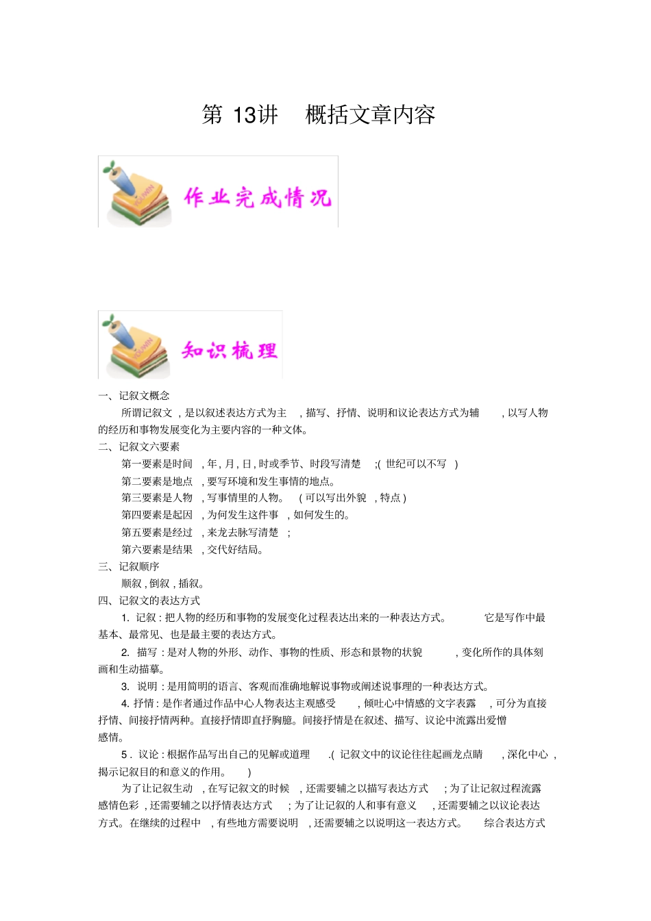 小学语文部编版6年级重点知识汇总小六语文第13讲：概括文章内容学生版_第1页