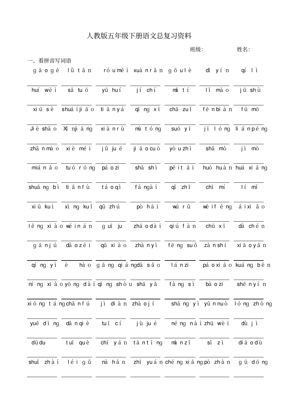 小学语文：人教版五年级下册总复习资料汇总_第1页