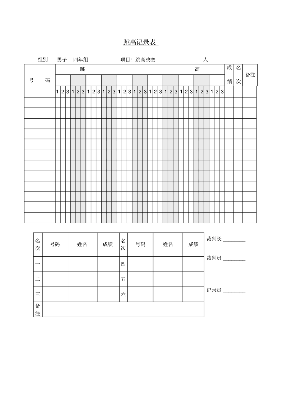 小学运动会跳高记录表_第1页