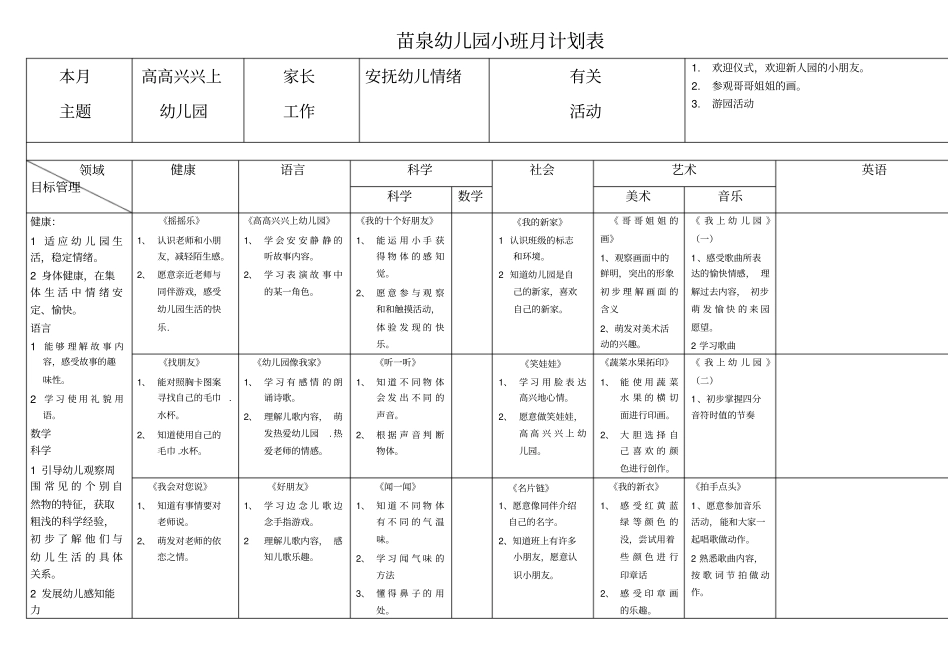 小班月教学计划表格_第1页