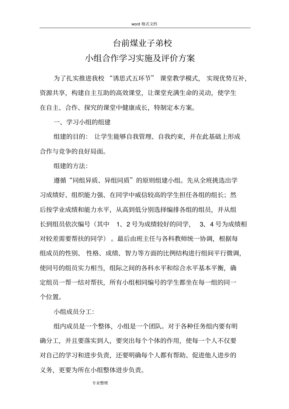小组合作学习实施方案报告书_第1页