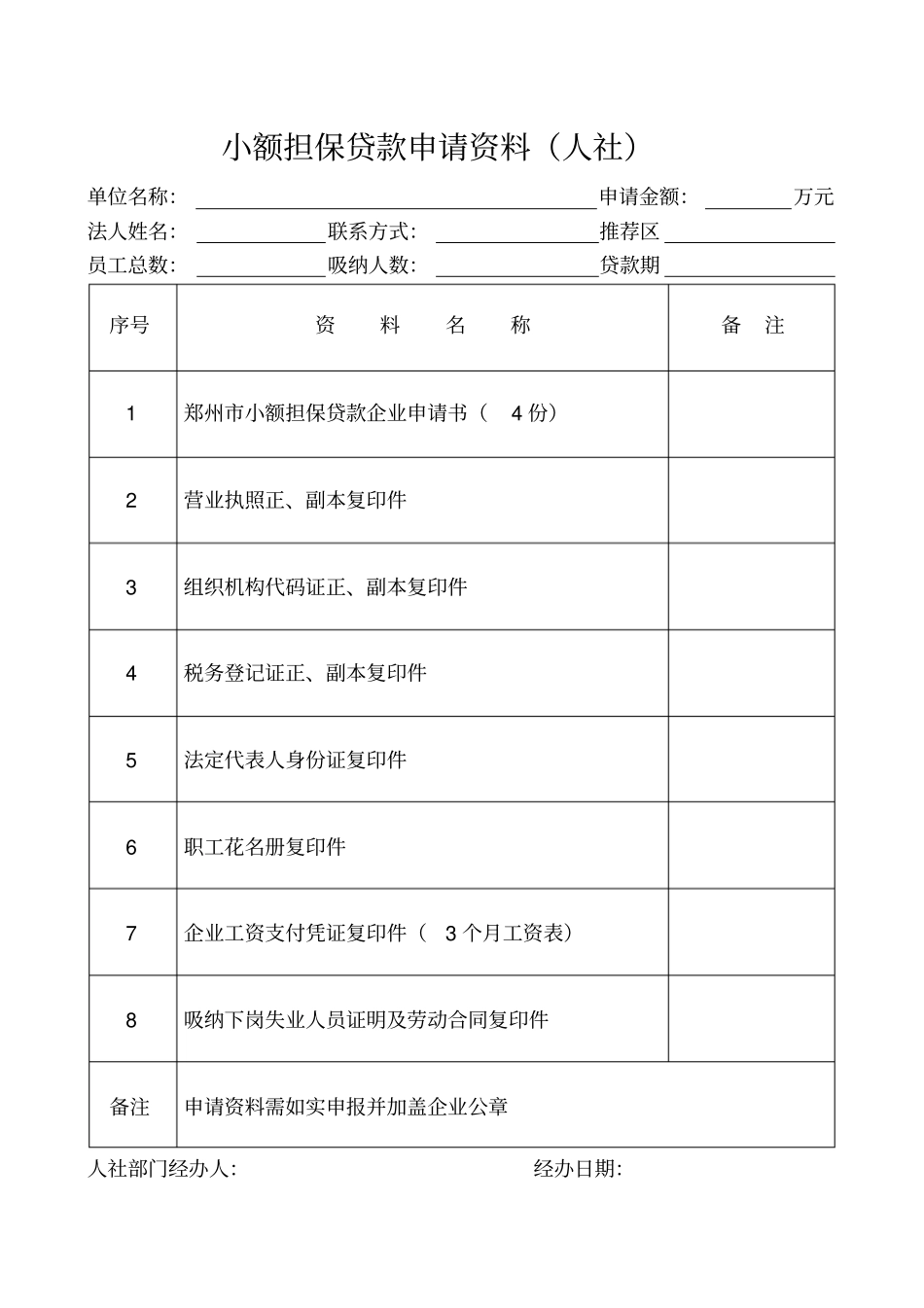小额担保贷款申请资料人社_第1页