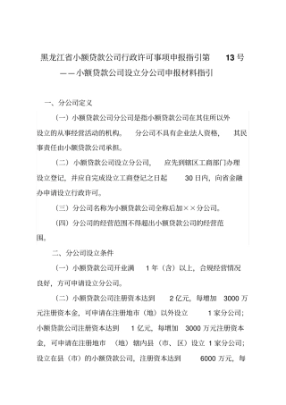 小额贷款公司设立分公司申报材料指引