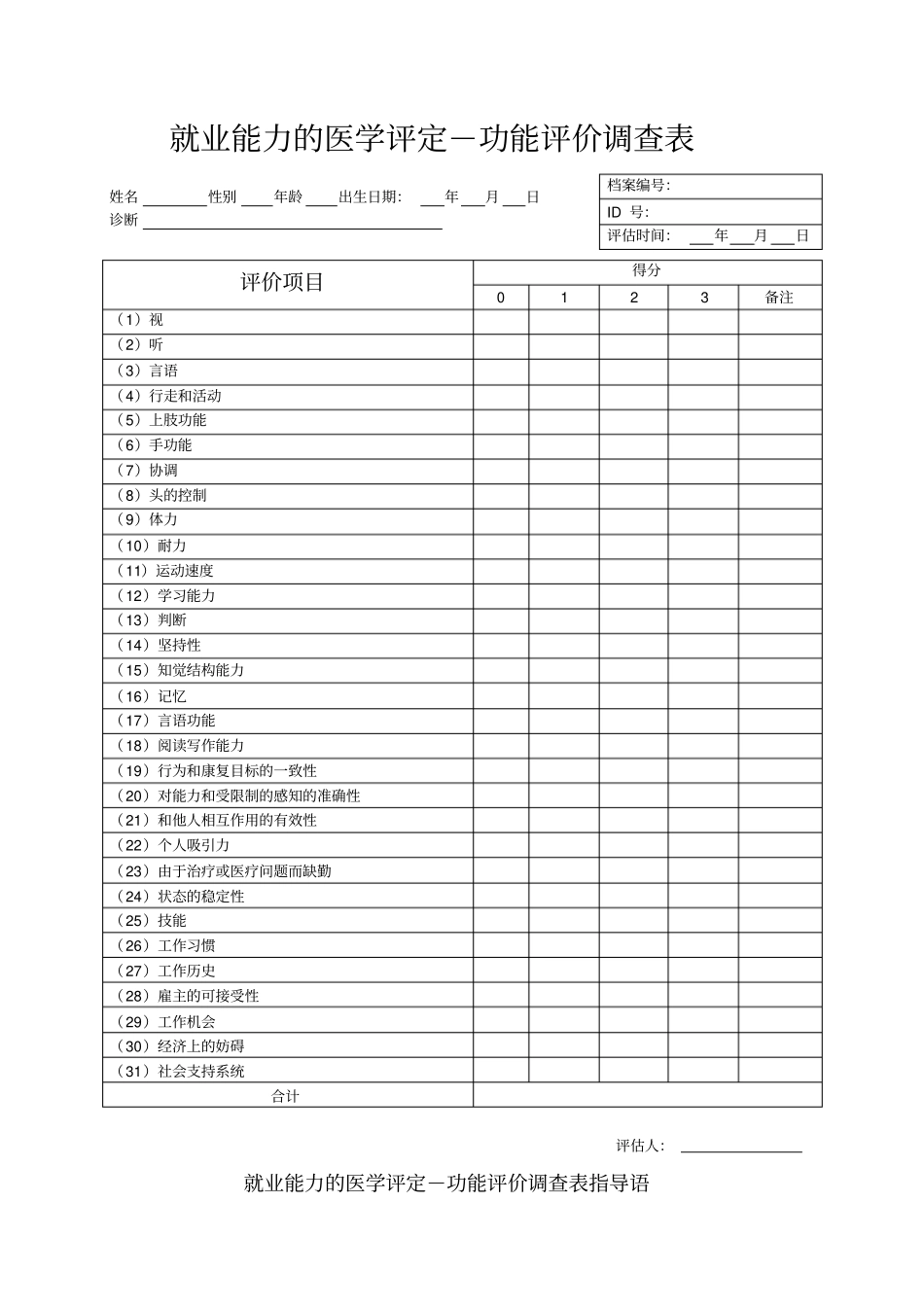 就业能力的医学评定-功能评价调查表_第1页