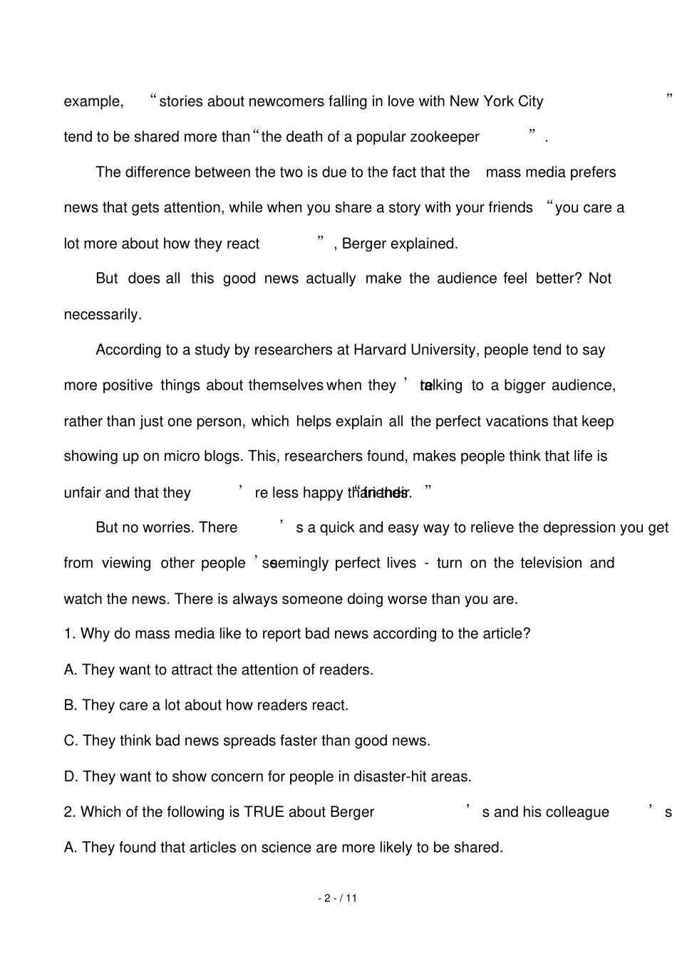 届高三英语查漏补缺效果考核检测阅读理解升级含解析_第2页