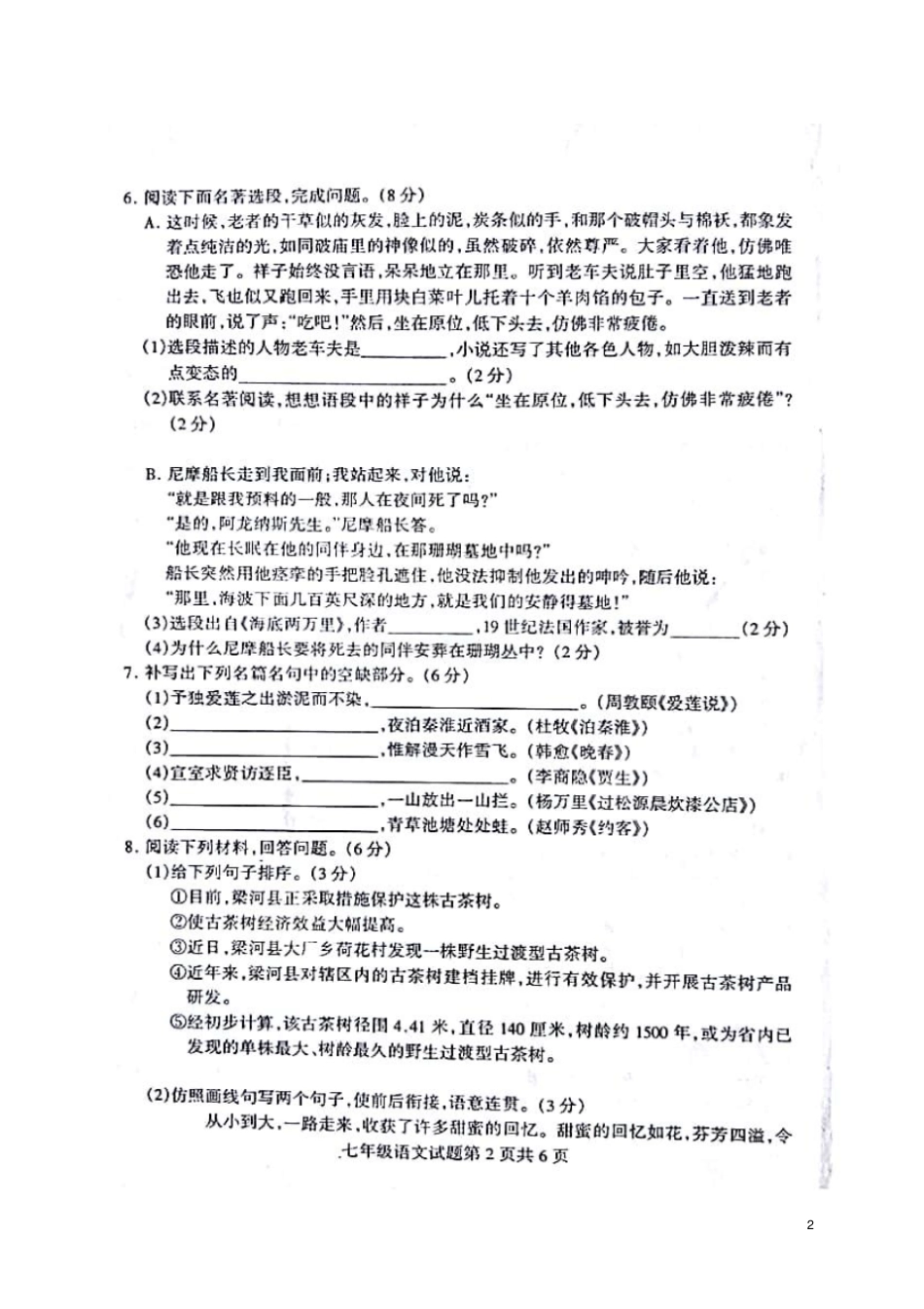 山东临沂河东区2017-2018学年七年级语文下学期期末学业水平试题扫描版新人教版_第2页