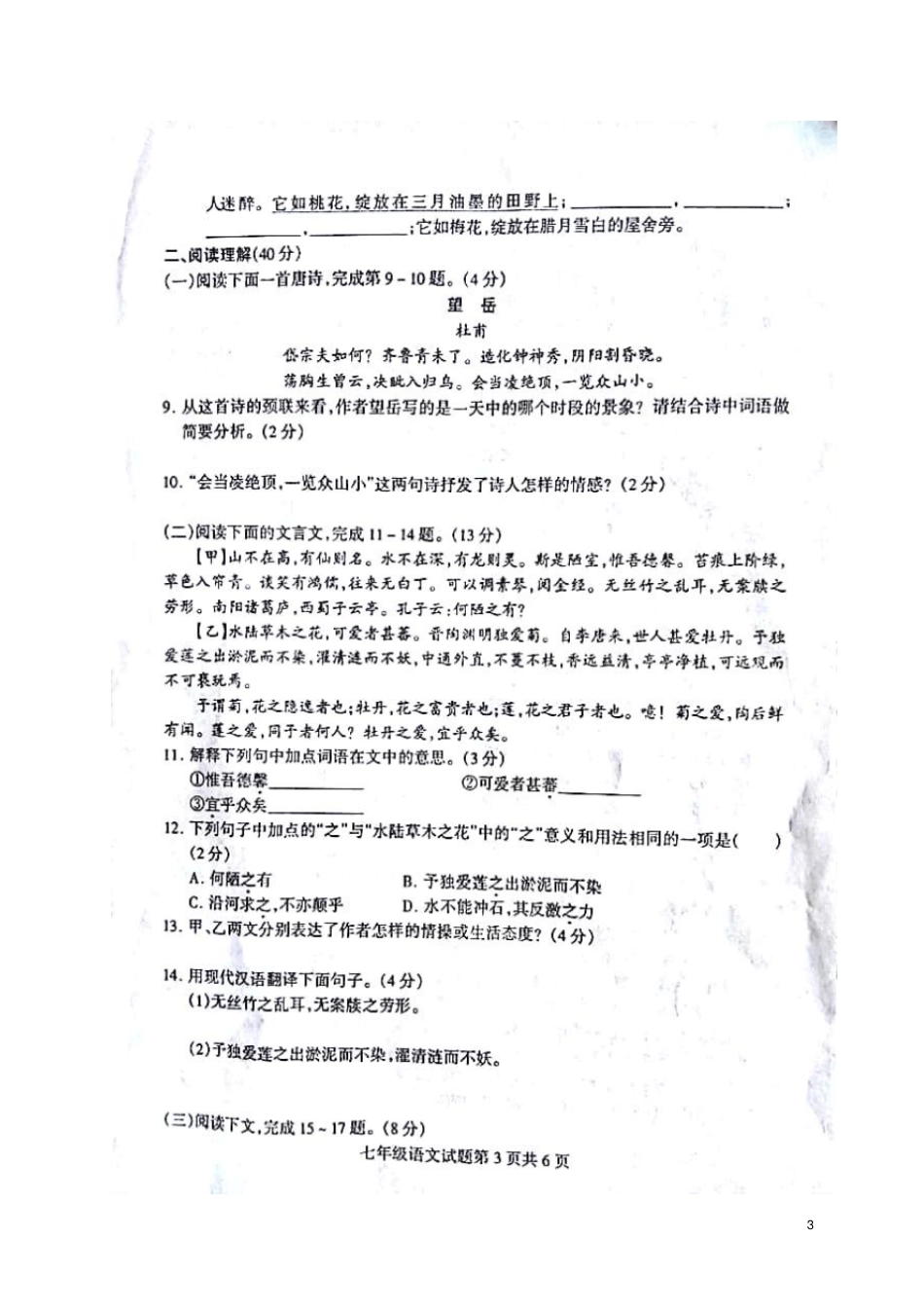山东临沂河东区2017-2018学年七年级语文下学期期末学业水平试题扫描版新人教版_第3页
