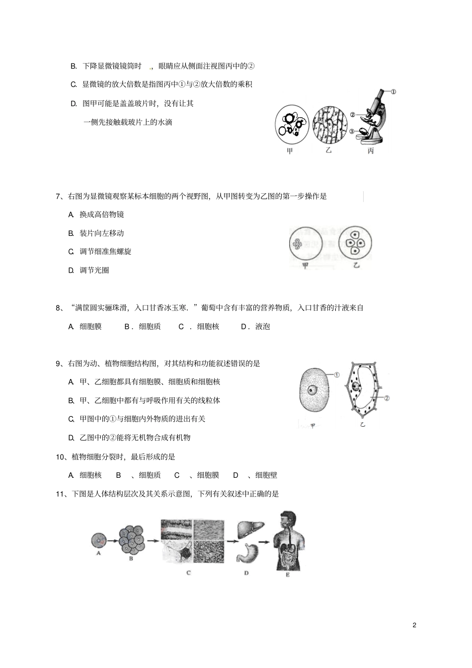 山东临沂蒙阴2017-2018学年七年级生物上学期期末考试试题新人教版_第2页