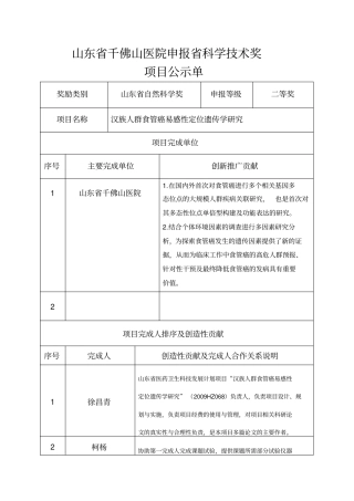 山东千佛山医院申报科学技术奖项目公示单