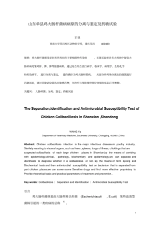 山东单鸡大肠杆菌病病原的分离与鉴定及药敏试验