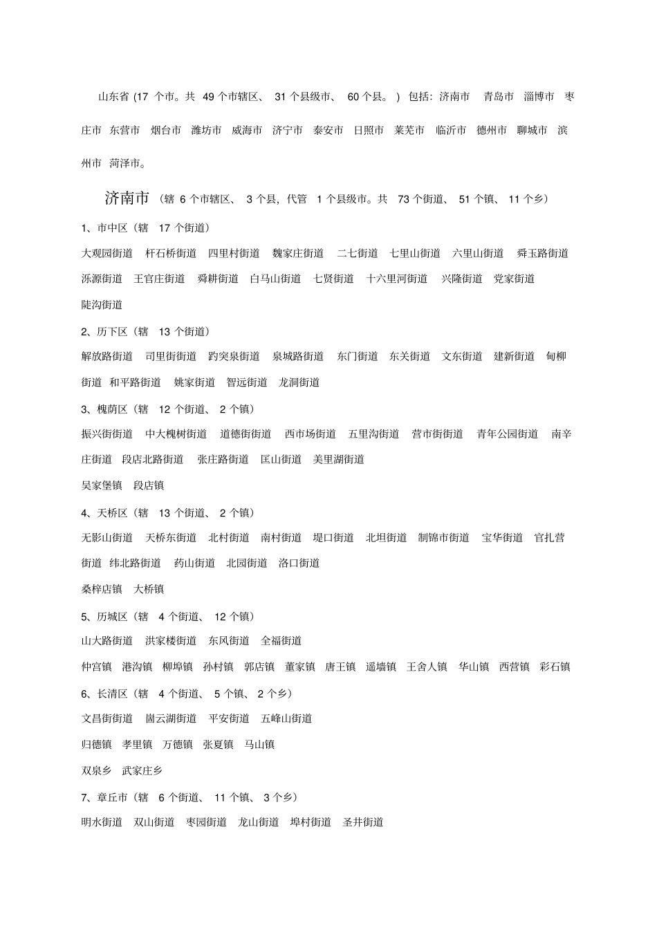 山东各所辖乡镇详细列表_第1页