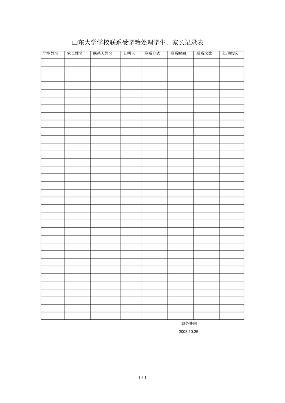 山东大学学校联系受学籍处理学生、家长记录表_第1页