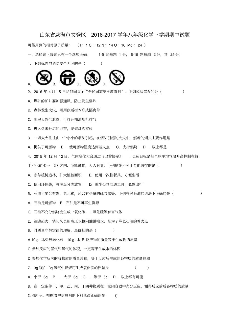 山东威海文登区2012017学年八年级化学下学期期中试题五四制_第1页