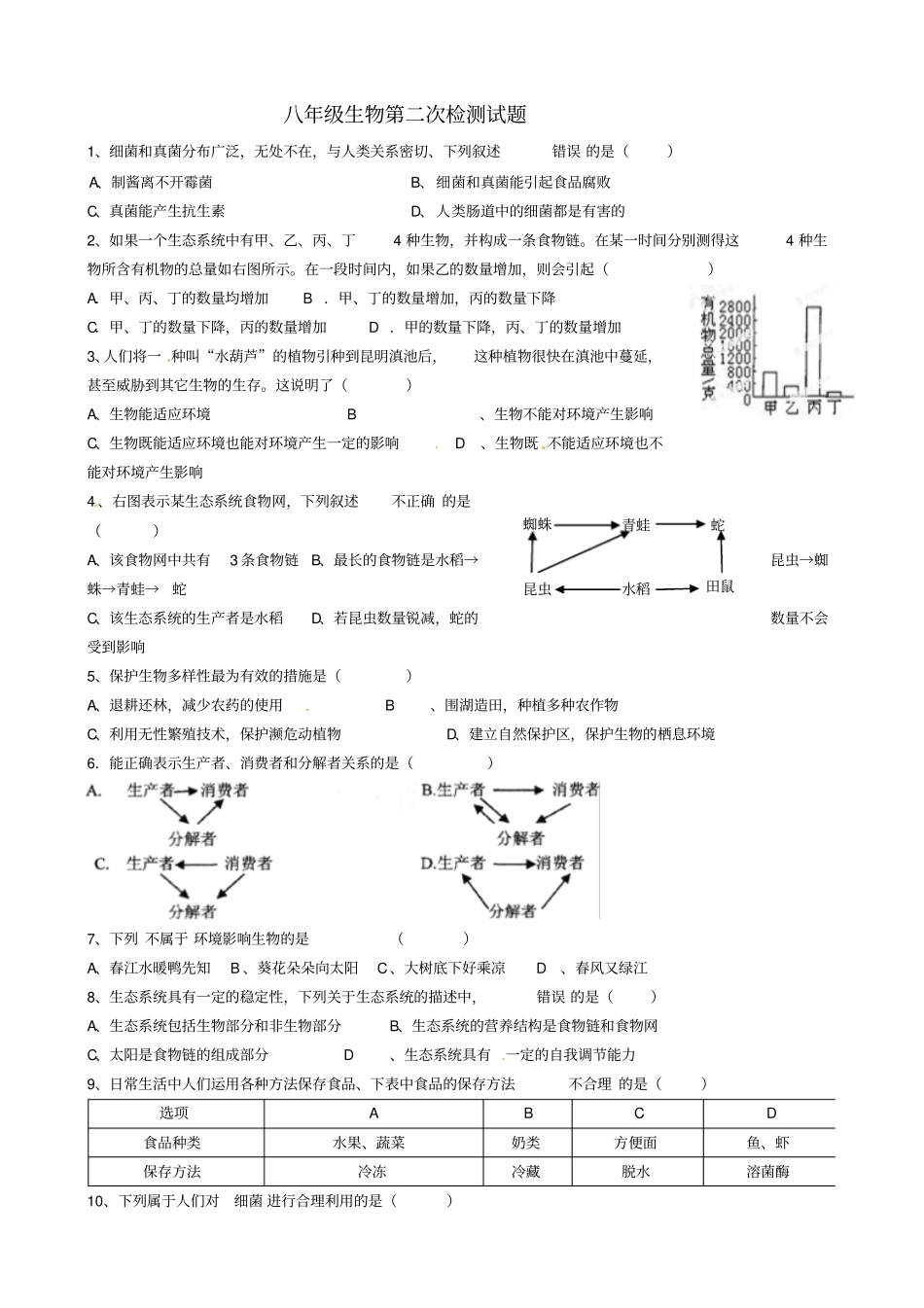 山东安丘东埠初级中学2012016学年八年级生物上学期第二次月考试题无答案济南版_第1页