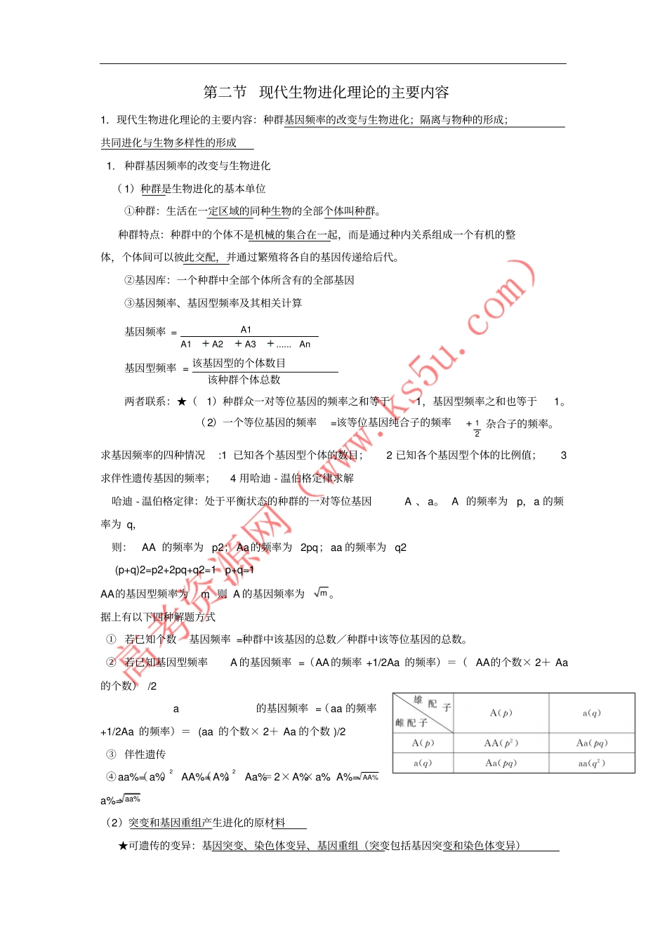 山东沂水高中生物现代生物进化理论现代生物进化理论的主要内容知识点总结学案新人教_第1页