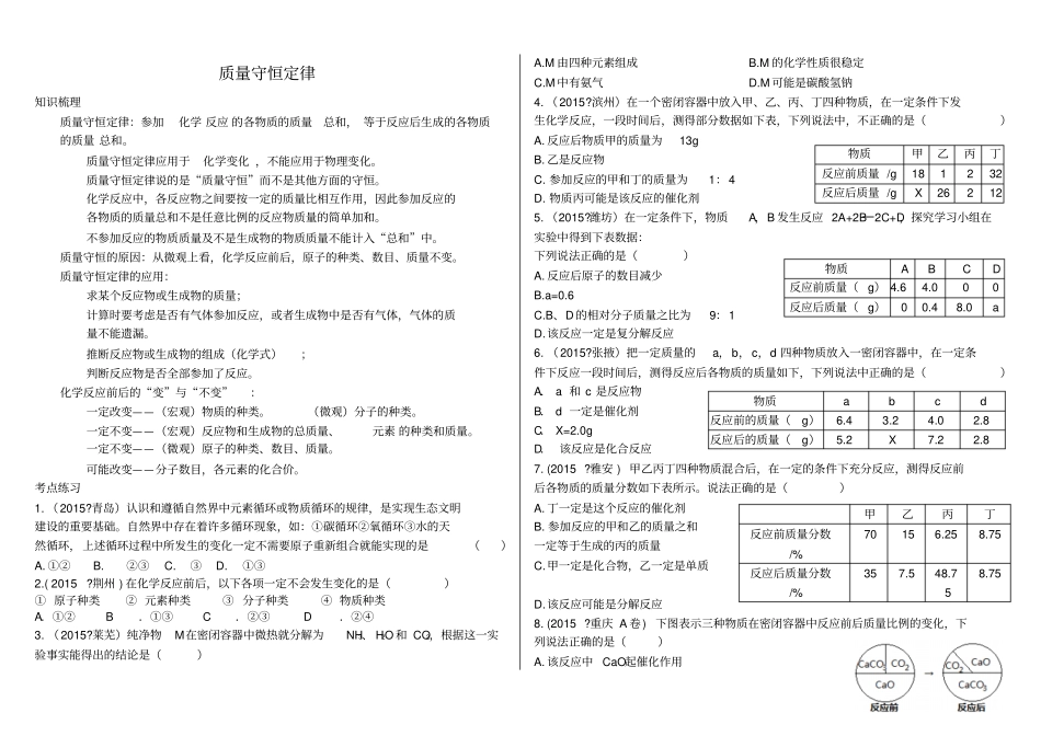 山东泰安九年级化学上册1化学反应中的质量守恒质量守恒定律练习新版鲁教版_第1页