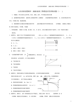 山东泰安肥城2020届高三物理适应性训练试题一