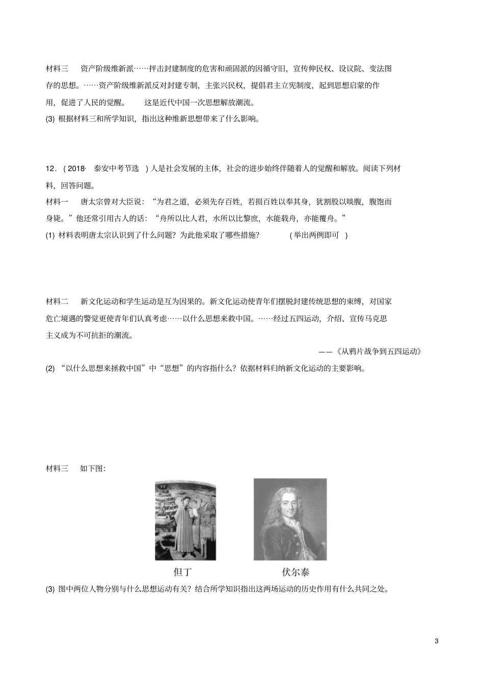 山东济南2019年中考历史总复习专题七中外历史上的思想解放运动练习_第3页
