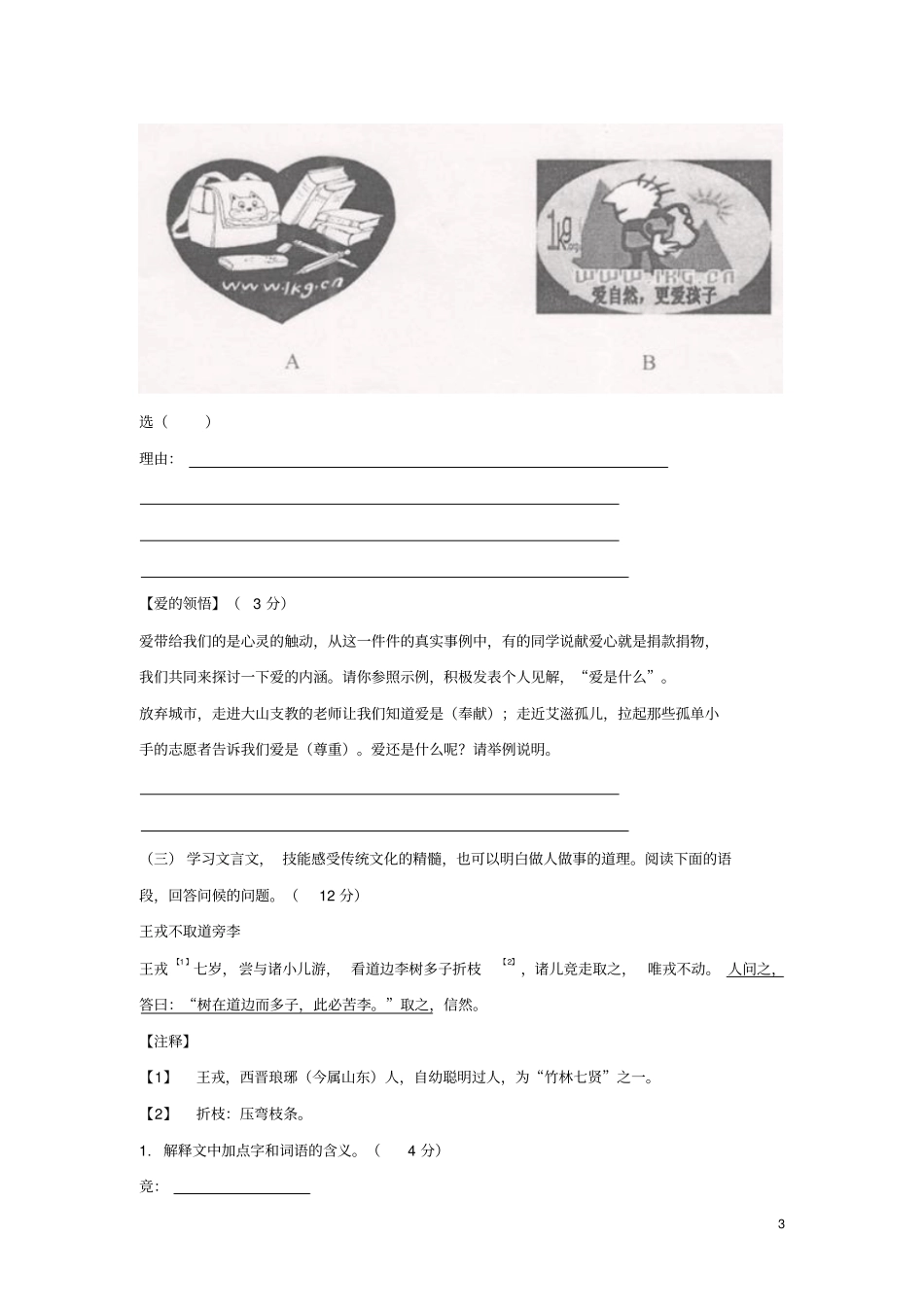 山东济南外国语小升初语文试题4_第3页