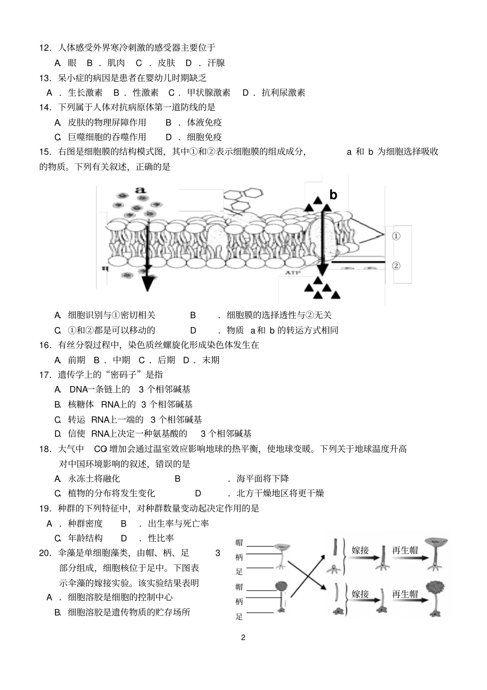 山东潍坊2014年学业水平模拟考试生物试卷四汇总_第2页