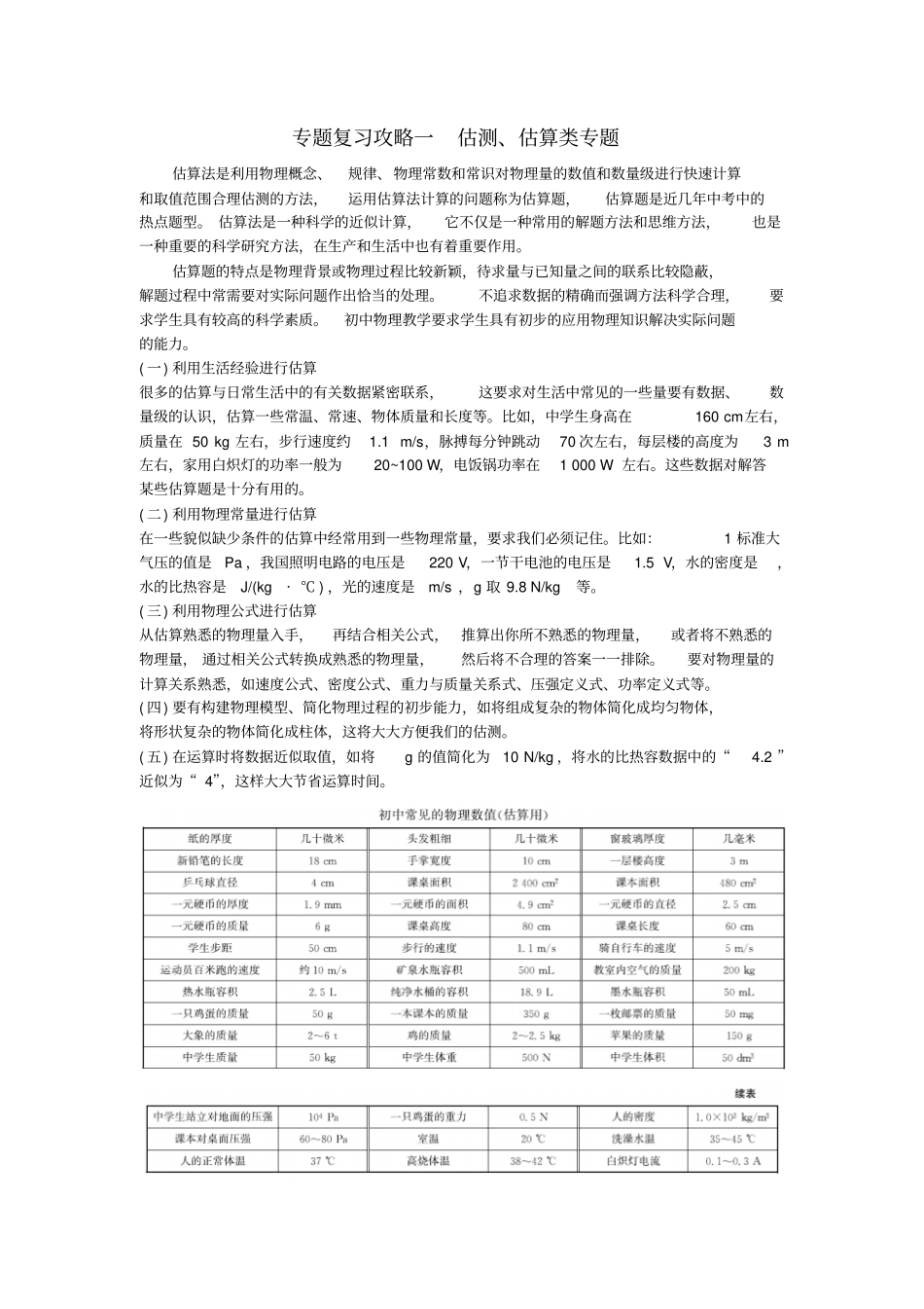 山东潍坊中考物理专题复习攻略一估测、估算类专题_第1页